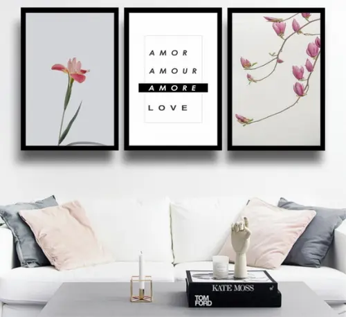 3 Quadros Folhagem Rosa Amor Love Casal Decoração Moldura