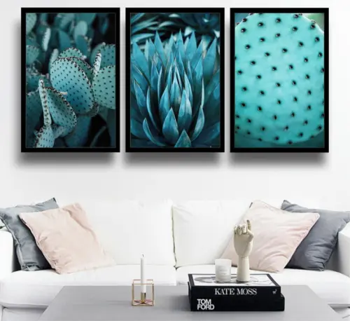 3 Quadros Folhagem Suculentas Azul Cactos Decoração Molduras