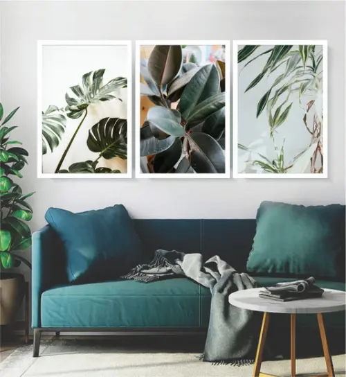 3 Quadros Folhagem Verde Conjunto Decoração Tropical Moldura