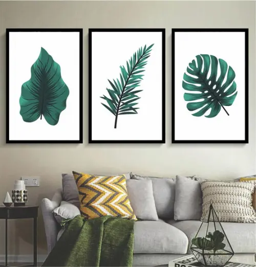 3 Quadros Folhagem Verde Tropical Decoração Conjunto Moldura