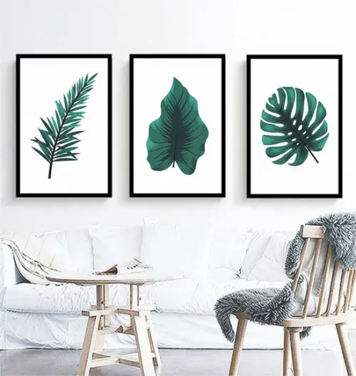 3 Quadros Folhagem Verde Tropical Decoração Conjunto Moldura