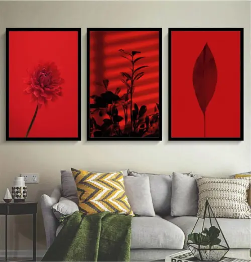 3 Quadros Folhagem Vermelha Tropical Decoração Com Moldura