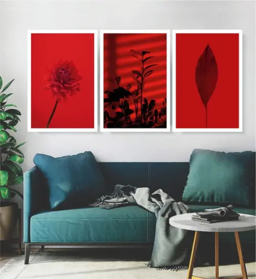 3 Quadros Folhagem Vermelha Tropical Decoração Com Moldura