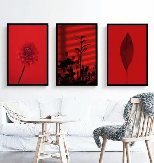 3 Quadros Folhagem Vermelha Tropical Decoração Com Moldura