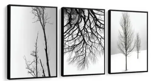 3 Quadros Galhos Preto e Branco Paisagem Decoração Molduras