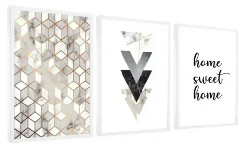 3 Quadros Geométrico Mármore Frases Casa Decoração Molduras