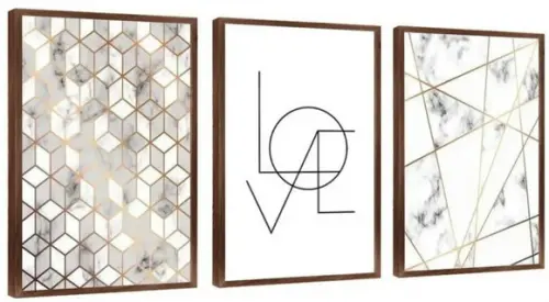 3 Quadros Geométrico Mármore Love Casal Decoração Molduras