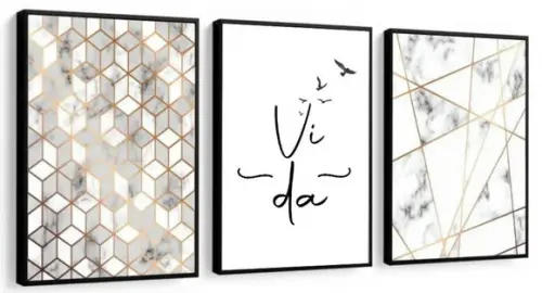 3 Quadros Geométrico Mármore Frases Vida Decoração Molduras