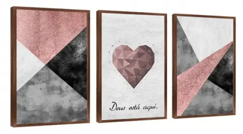3 Quadros Geométrico Rosa Coração Frases Decoração Molduras