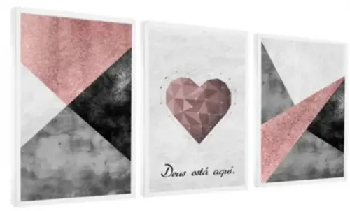3 Quadros Geométricos Rosa Coração Casal Decoração Molduras