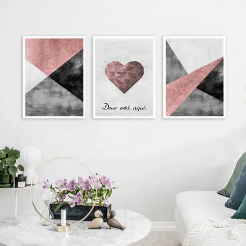 3 Quadros Geométricos Rosa Coração Casal Decoração Molduras