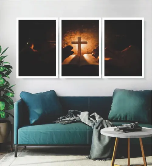 3 Quadros Jesus Cristo Religioso Decoração Conjunto Moldura