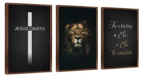3 Quadros Leão Oração Jesus Frases Decoração Com Molduras