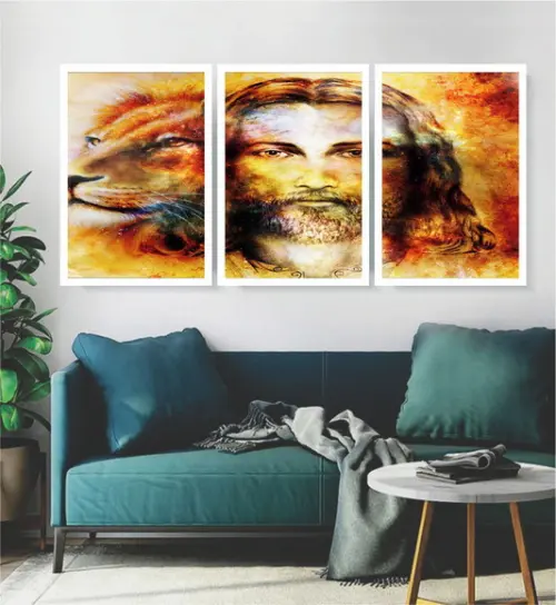 3 Quadros Leão Jesus Decoração Religioso Conjunto Molduras