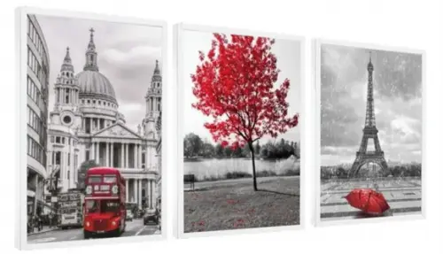 3 Quadros Londres e Paris Arvore Vermelha Decoração Moldura