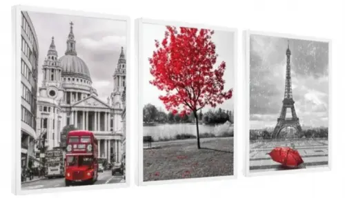 3 Quadros Londres e Paris Arvore Vermelha Decoração Moldura