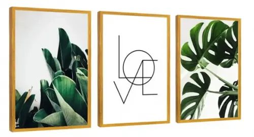 3 Quadros Love Folhagem Verde Decoração Quarto Casal Moldura