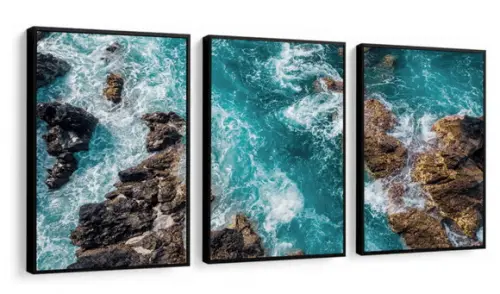 3 Quadros Mar Azul Praia Pedras Paisagem Decoração Moldura