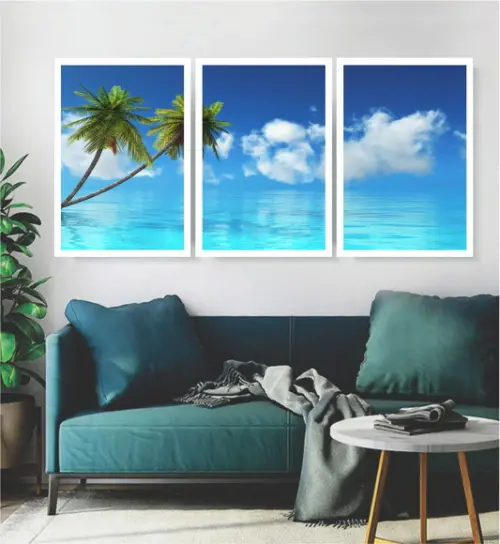3 Quadros Mar Azul Praia Paisagem Decoração Coqueiro Moldura