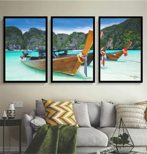 3 Quadros Mar Barcos Tailândia Paisagem Decoração Molduras