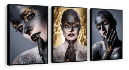 3 Quadros Mulheres Maquiagem Dourado Decoração Com Molduras