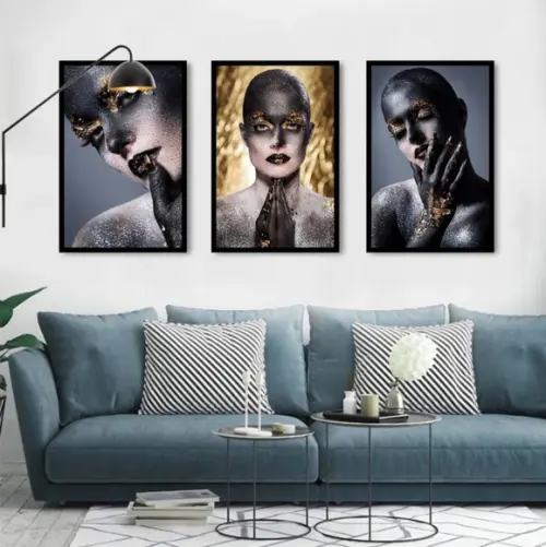 3 Quadros Mulheres Maquiagem Dourado Decoração Com Molduras