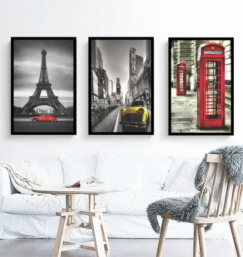 3 Quadros Nova York Londres e Paris Decoração Cidade Moldura