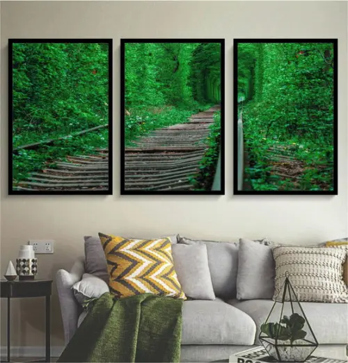 3 Quadros Paisagem Folhagem Verde Trilhos Decoração Molduras