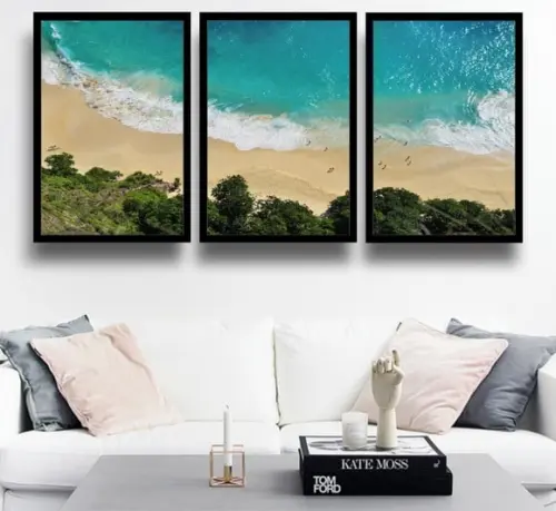 3 Quadros Paisagem Mar Praia Decoração Conjunto Com Molduras