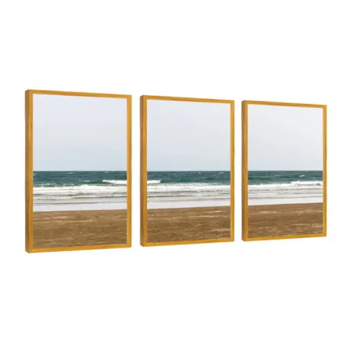 3 Quadros Paisagem Mar Praia Sol Decoração Conjunto Moldura
