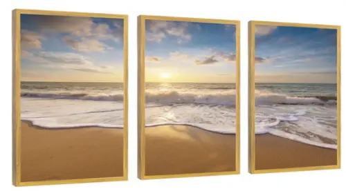 3 Quadros Paisagem Mar Praia Sol Decoração Conjunto Molduras