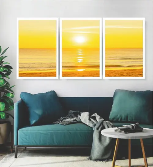 3 Quadros Paisagem Pôr Do Sol Decoração Praia Com Moldura
