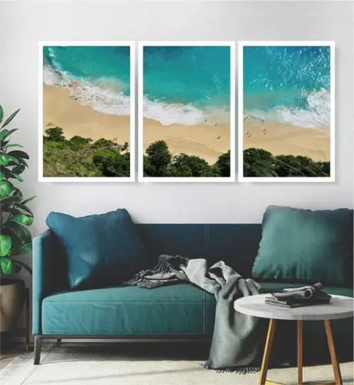 3 Quadros Paisagem Praia Mar Decoração Conjunto Com Molduras