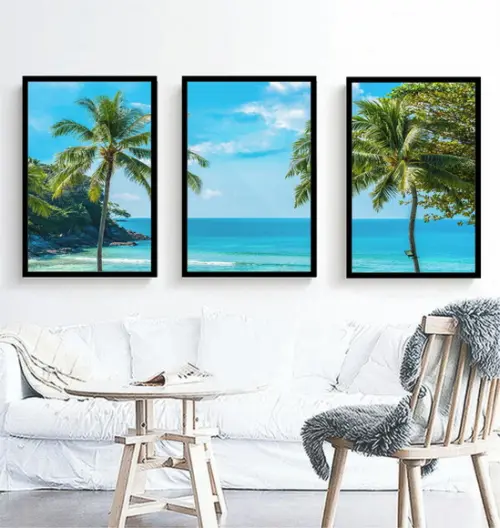 3 Quadros Paisagem Praia Azul Coqueiro Decoração Com Moldura