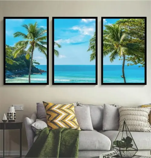 3 Quadros Paisagem Praia Azul Coqueiro Decoração Com Moldura