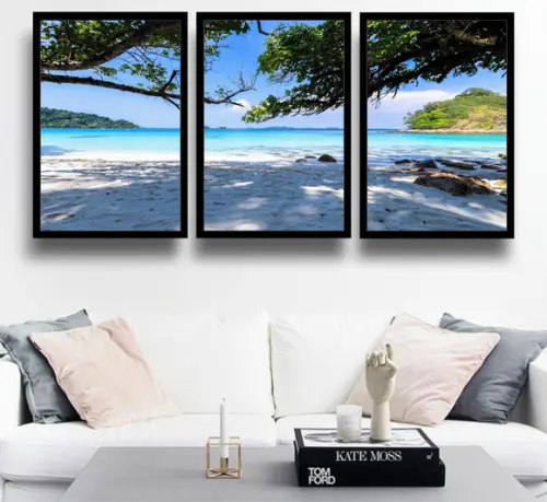 3 Quadros Paisagem Praia Mar Decoração Oceano com Molduras