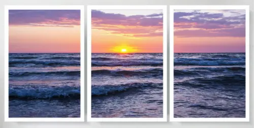 3 Quadros Paisagem Praia Mar Sol Decoração Conjunto Moldura