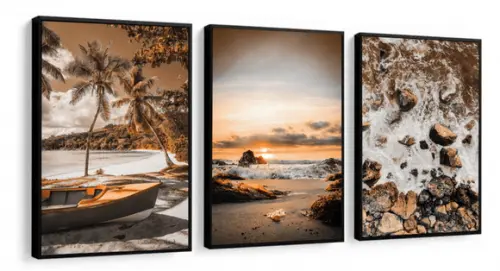 3 Quadros Paisagem Praia Pôr Do Sol Barco Decoração Molduras