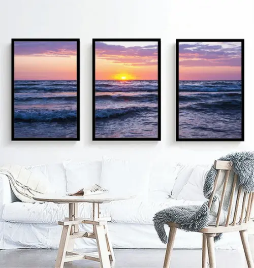 3 Quadros Paisagem Praia Mar Sol Decoração Conjunto Moldura