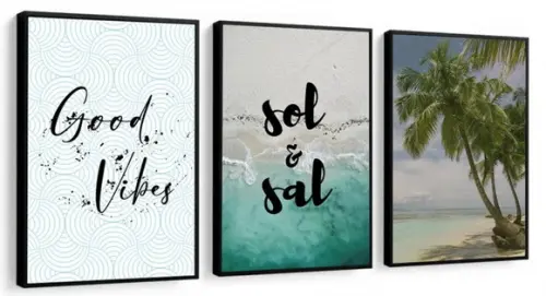 3 Quadros Paisagem Praia Praia Good Vibes Decoração Moldura