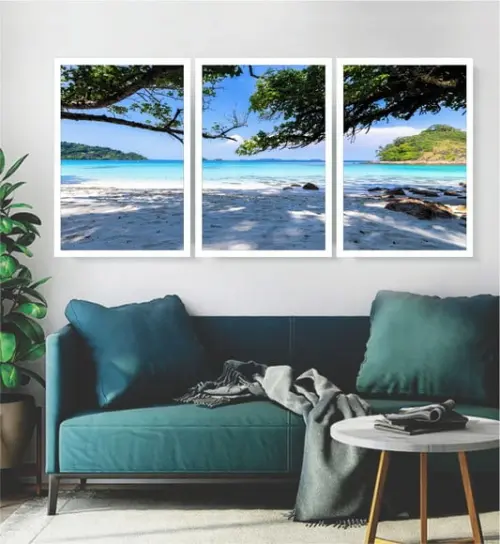 3 Quadros Paisagem Praias Mar Decoração Oceano com Molduras