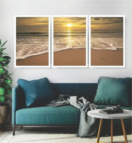 3 Quadros Pôr Do Sol Decoração Praia e Mar Litoral Moldura