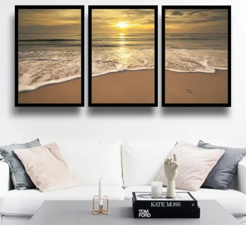 3 Quadros Pôr Do Sol Decoração Praia e Mar Litoral Molduras