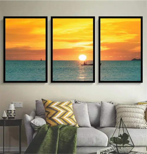 3 Quadros Pôr Do Sol Mar Paisagem Decoração Conjunto Moldura
