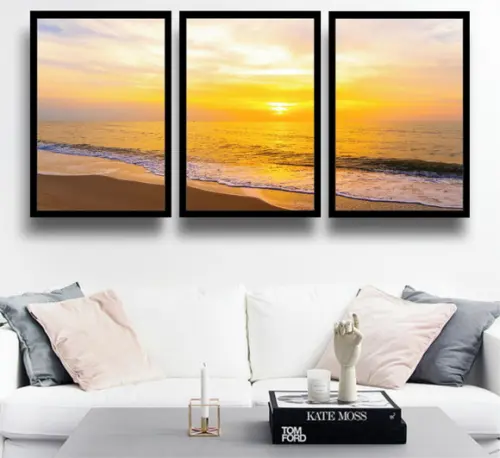 3 Quadros Pôr Do Sol Decoração Praia Litoral Vista Moldura