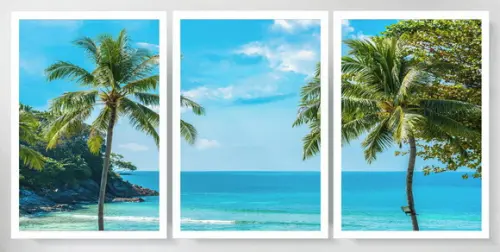 3 Quadros Praia Azul Coqueiro Paisagem Decoração Com Moldura