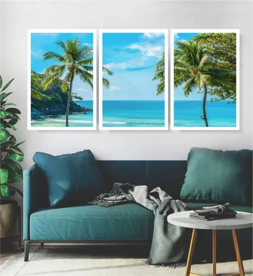 3 Quadros Praia Azul Coqueiro Paisagem Decoração Com Moldura