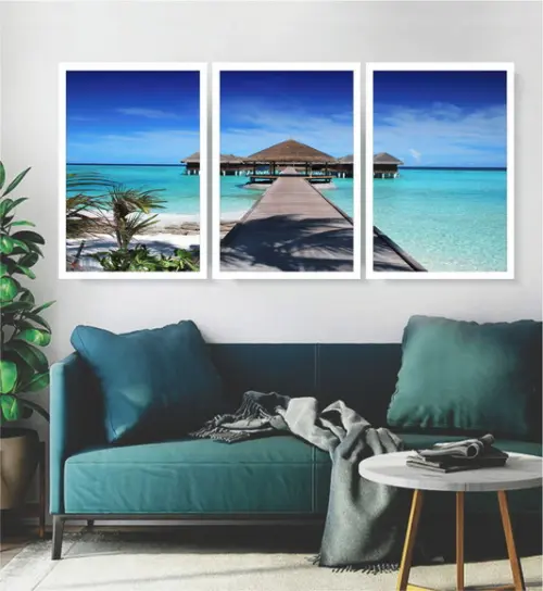 3 Quadros Praia Deck Resort Mar Decoração Maldivas Moldura