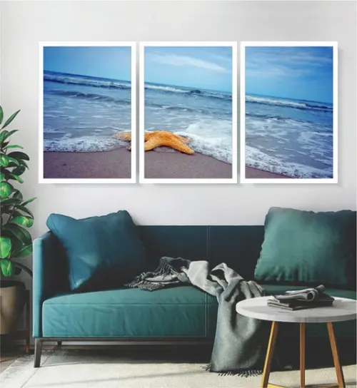 3 Quadros Praia Estrela Do Mar Paisagem Decoração Moldura