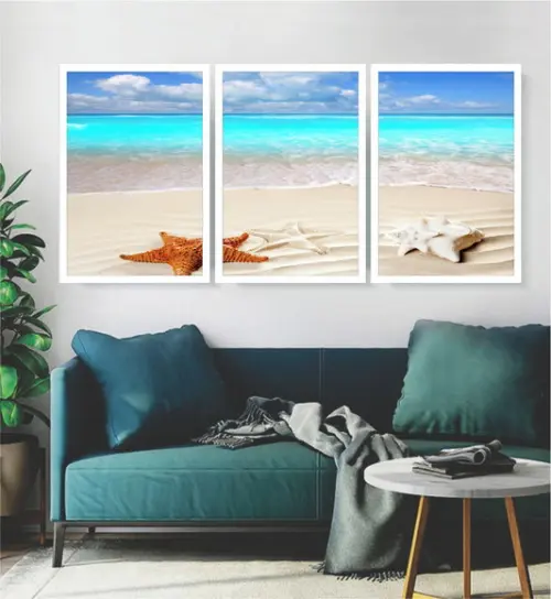 3 Quadros Praia Estrelas Do Mar Decoração Paisagem Moldura